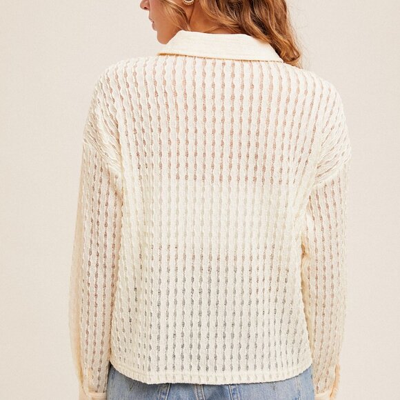 HEM & THREAD Cream Textured Sheer Button-Up Top, Lightweight Shacket  Blouse - Picture 6 of 6